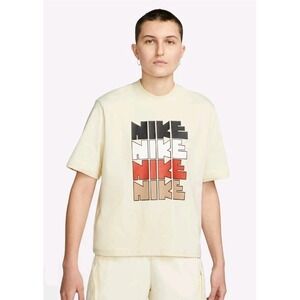 Nike Sportswear Women Boxy Loose Fit T-Shirt Jersey Beige Neutral Short Sleeve S